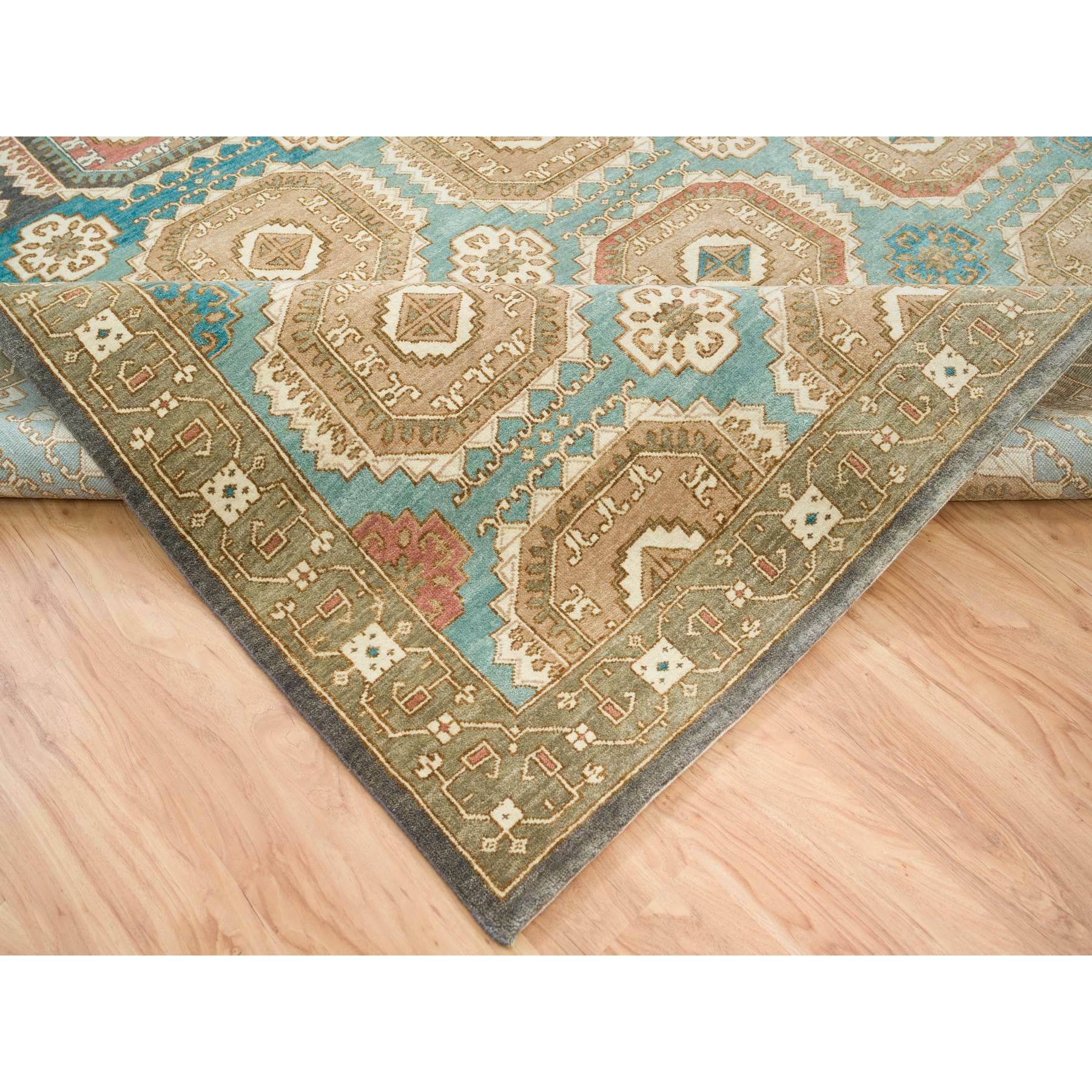 10'x14' Turquoise/Brown, Hand Spun Ghazni Wool, Natural Dyes, Caucasian Gul Motifs with a Distinct Abrash Oriental Rug HR65539 - Image 7