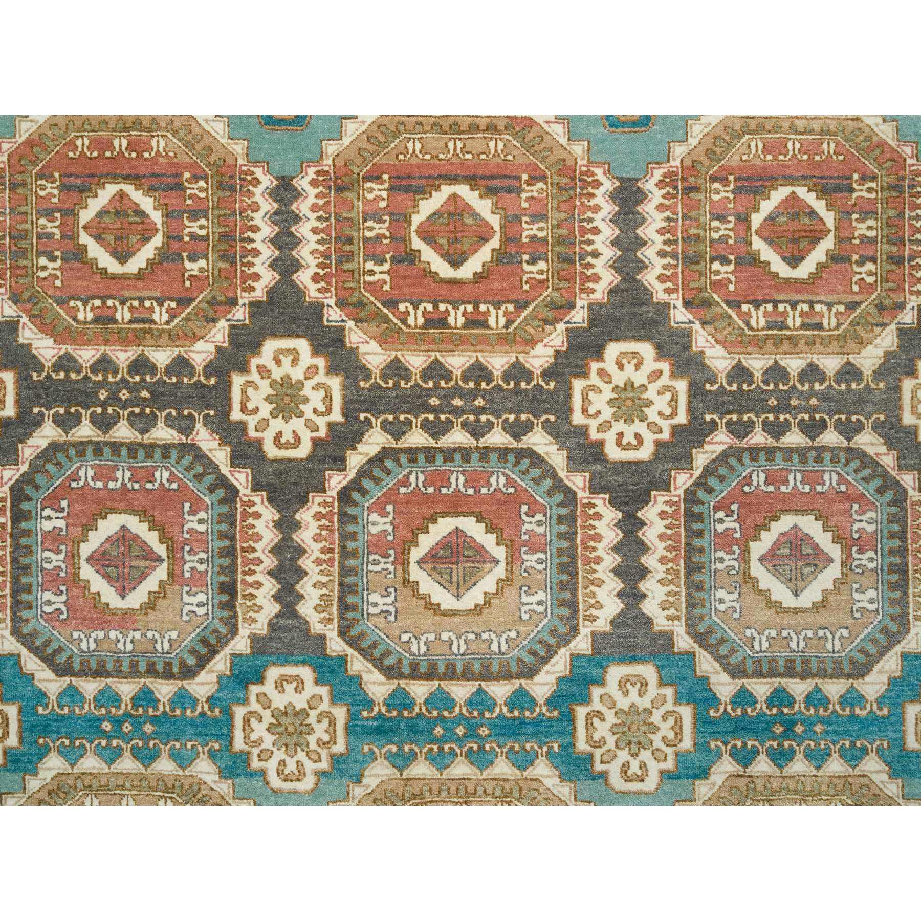 10'x14' Turquoise/Brown, Hand Spun Ghazni Wool, Natural Dyes, Caucasian Gul Motifs with a Distinct Abrash Oriental Rug HR65539 - Image 9