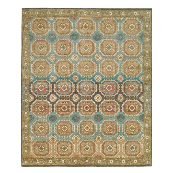 8'3"x10' Turquoise/Brown, Hand Knotted, Natural Dyes, Soft and lush pile, Caucasian Gul Motifs with a Distinct Abrash Oriental Rug HR65545