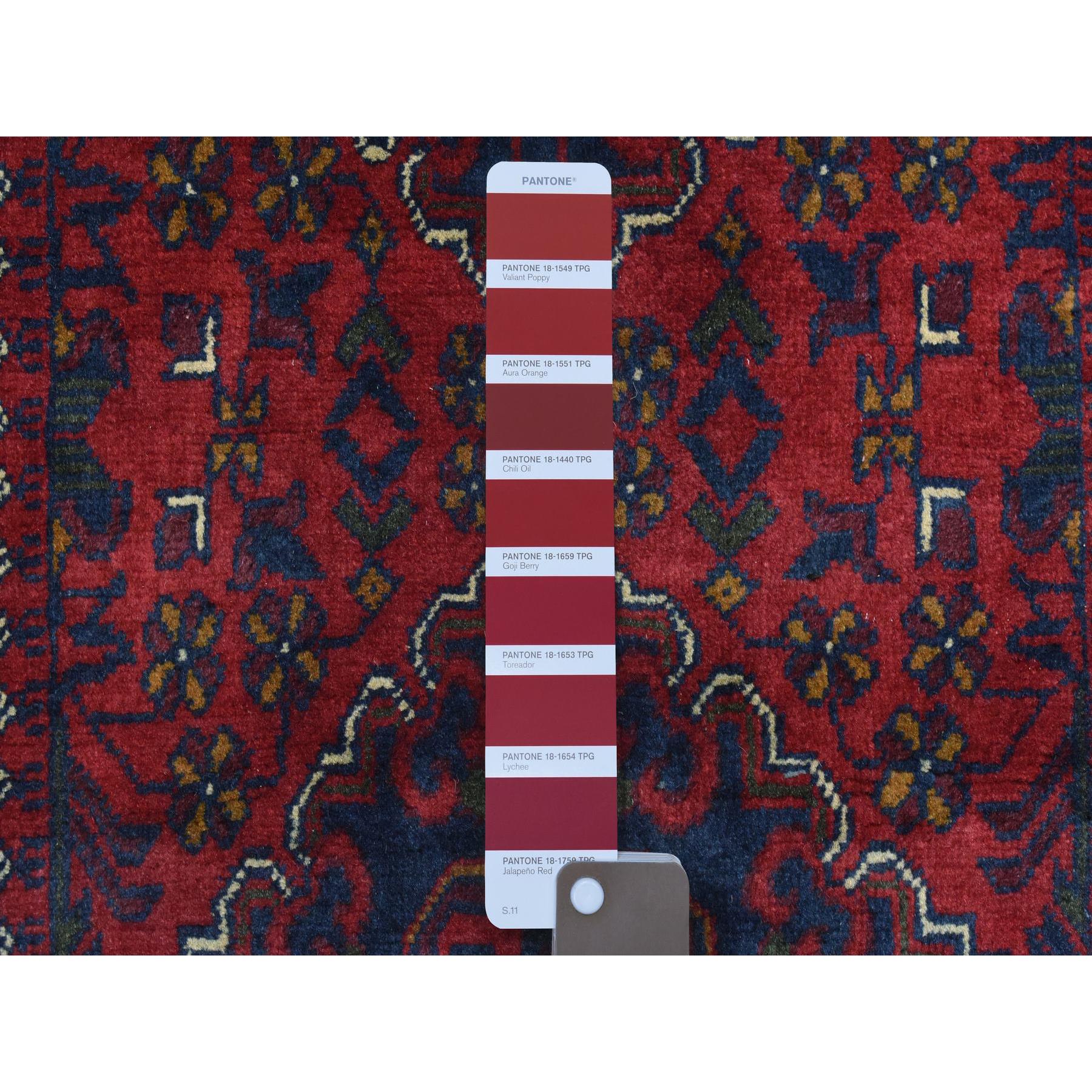 2'8"x12'10" Deep and Saturated Red, Afghan Khamyab with Tribal Medallions Design, Soft Wool Hand Knotted, Runner Oriental Rug HR72341 - Image 3