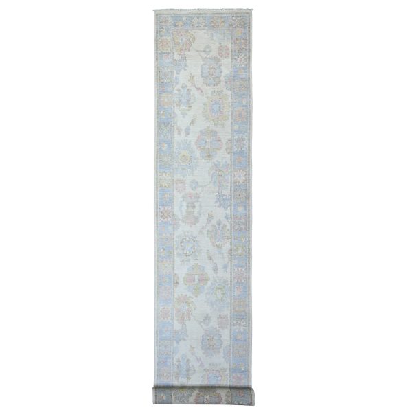2'8"x19'1" Ivory, 100% Wool Hand Knotted, Afghan Angora Oushak with Floral Motif Natural Dyes, Oversized XL Runner Oriental Rug HR73648
