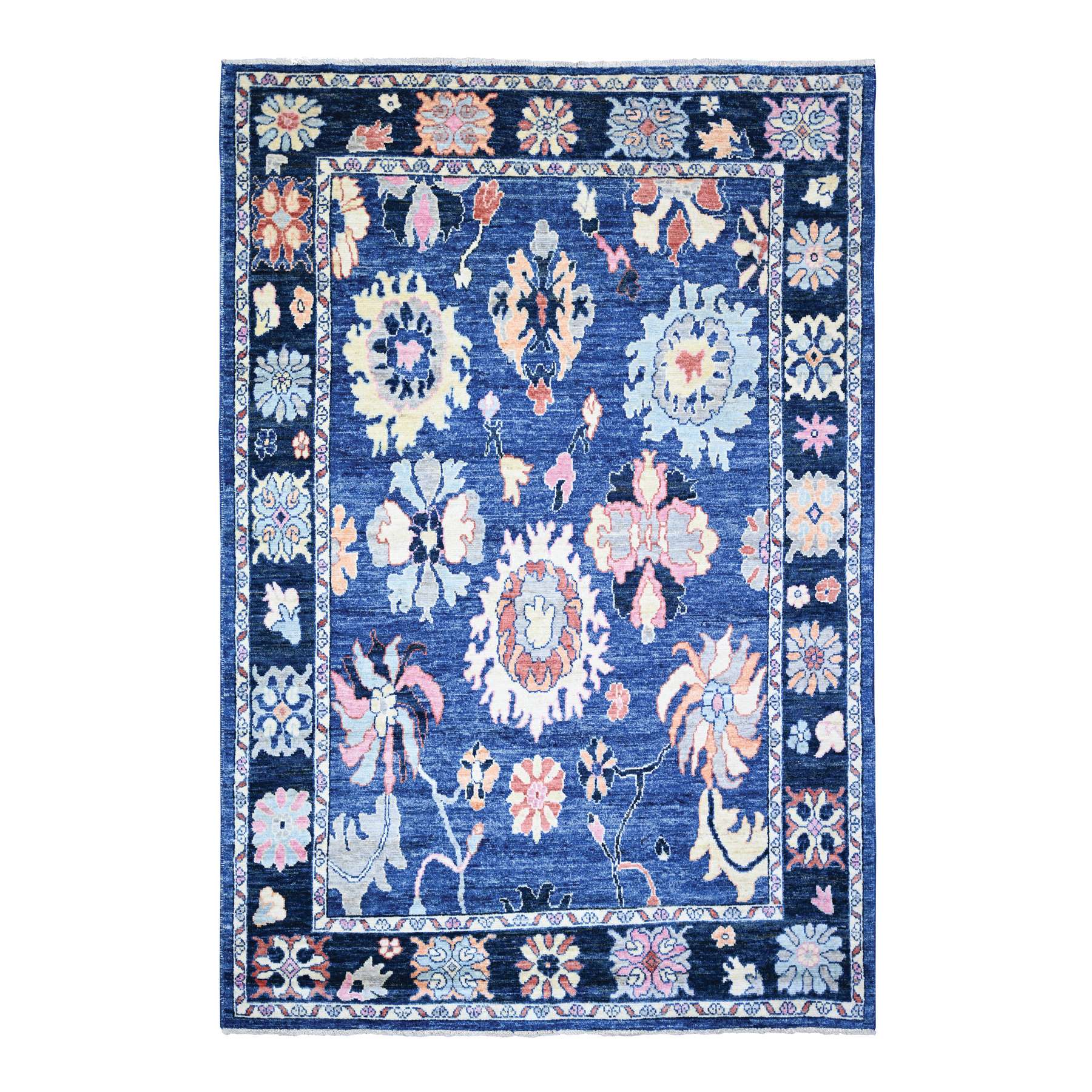 6'2"x8'10" Sapphire Blue, Afghan Angora Oushak with Colorful Motifs Natural Dyes, Soft Wool Hand Knotted, Oriental Rug HR73802