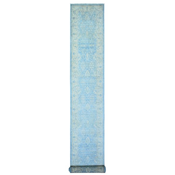 2'5"x18'10" Columbia Blue, 100% Wool Hand Knotted, Natural Dyes Finer Peshawar with Faded Colors, XL Runner Oriental Rug HR73808