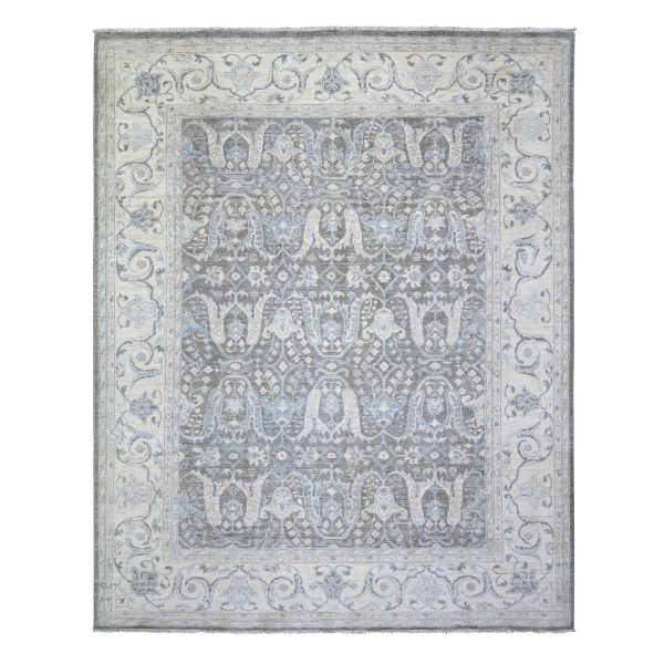 8'1"x9'8" Carbon Gray, Stone Washed Peshawar with Bijar Garus Design, Vegetable Dyes, Soft Wool Hand Knotted, Oriental Rug HR73826
