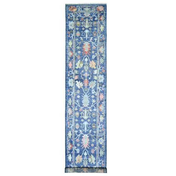 2'9"x15'8" Admiral Blue, Afghan Angora Oushak with Colorful Motifs Natural Dyes, 100% Wool Hand Knotted, Runner Oriental Rug HR73852