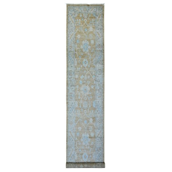 2'7"x15' Tan Color, Soft Wool Hand Knotted, Afghan Angora Oushak with Soft Colors Natural Dyes, Runner Oriental Rug HR73866