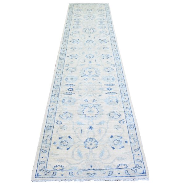 2'9"x11'9" White Wash Peshawar with Large Medallions Natural Dyes, Pure Wool Hand Knotted, Runner Oriental Rug HR73945