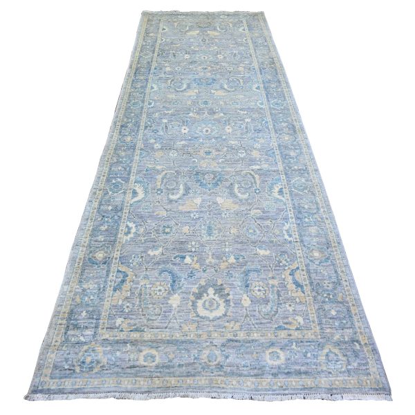 3'10"x11'9" Cloud Gray, Finer Peshawar with Soft Colors Natural Dyes, Extra Soft Wool Hand Knotted, Wide Runner Oriental Rug HR73955