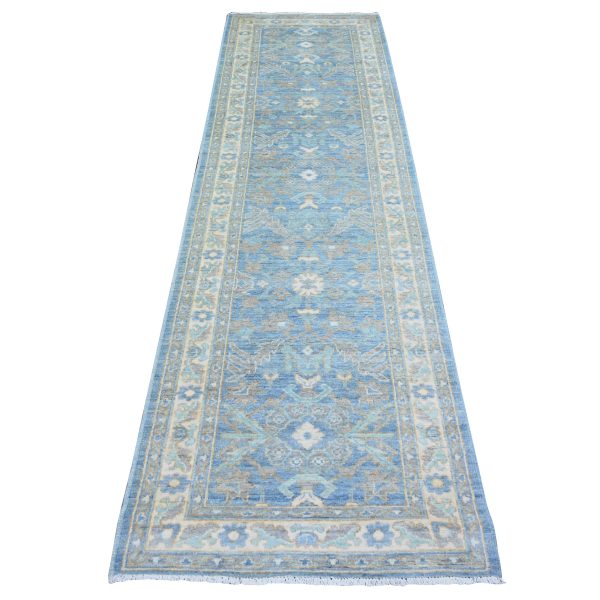 2'8"x9'6" Beau Blue, Natural Dyes Finer Peshawar with Faded Colors, Extra Soft Wool Hand Knotted, Runner Oriental Rug HR73963