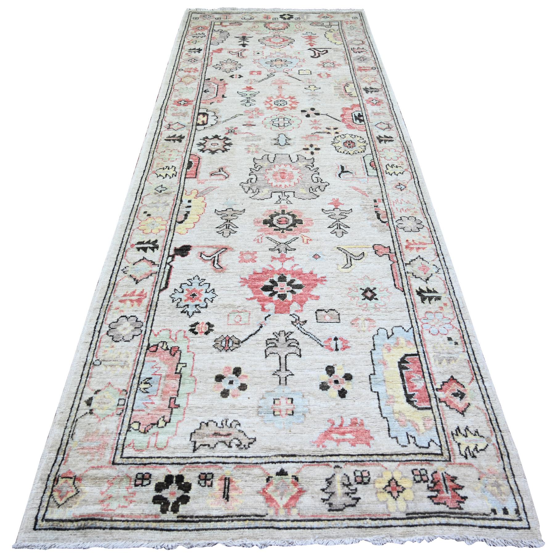 4'2"x11'8" Spring Gray, Soft Wool, Hand Knotted, Afghan Angora Oushak with Colorful Pattern, Natural Dyes, Runner Oriental Rug HR73982