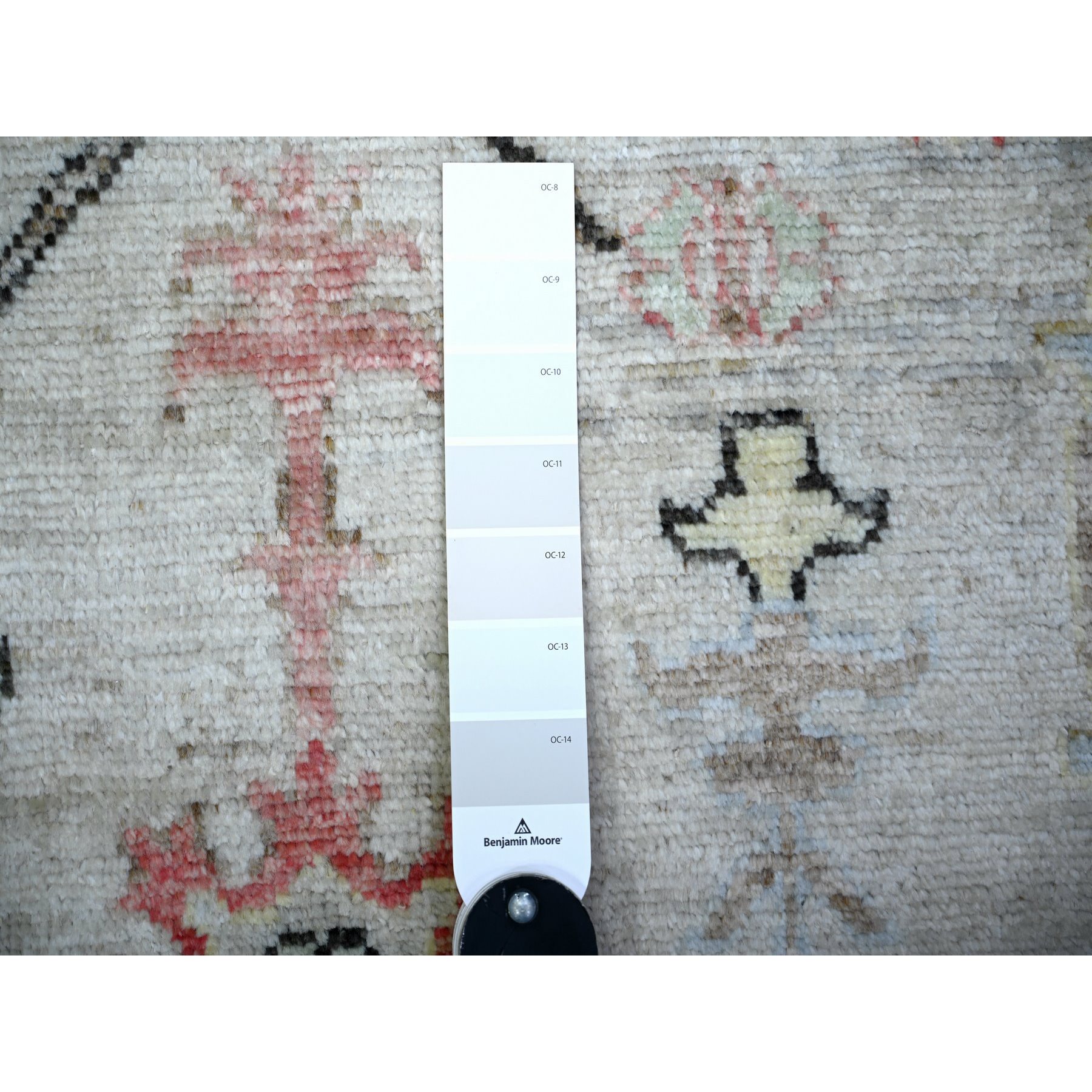 4'2"x11'8" Spring Gray, Soft Wool, Hand Knotted, Afghan Angora Oushak with Colorful Pattern, Natural Dyes, Runner Oriental Rug HR73982 - Image 3