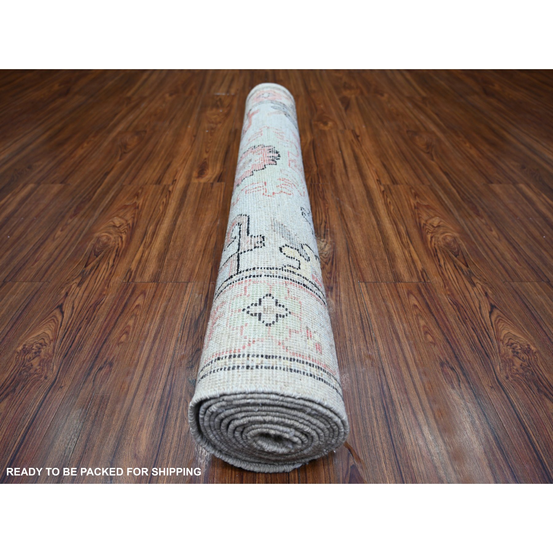 4'2"x11'8" Spring Gray, Soft Wool, Hand Knotted, Afghan Angora Oushak with Colorful Pattern, Natural Dyes, Runner Oriental Rug HR73982 - Image 4