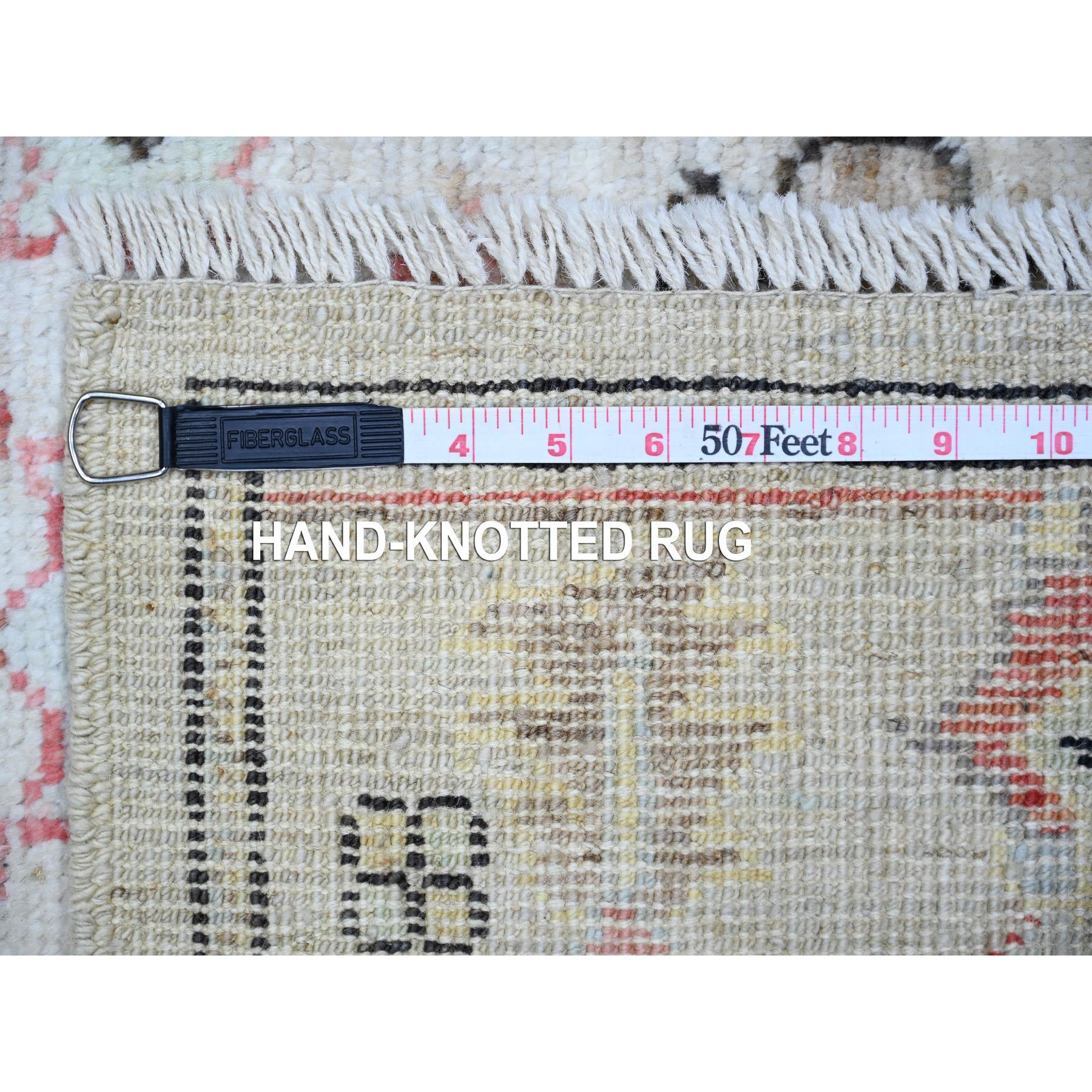 4'2"x11'8" Spring Gray, Soft Wool, Hand Knotted, Afghan Angora Oushak with Colorful Pattern, Natural Dyes, Runner Oriental Rug HR73982 - Image 6