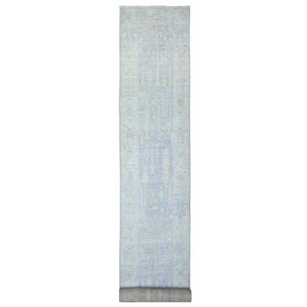 2'8"x19'2" Ash Gray, Natural Dyes, 100% Wool, Hand Knotted, Afghan Angora Oushak with Faded Colors, XL Runner Oriental Rug HR73992