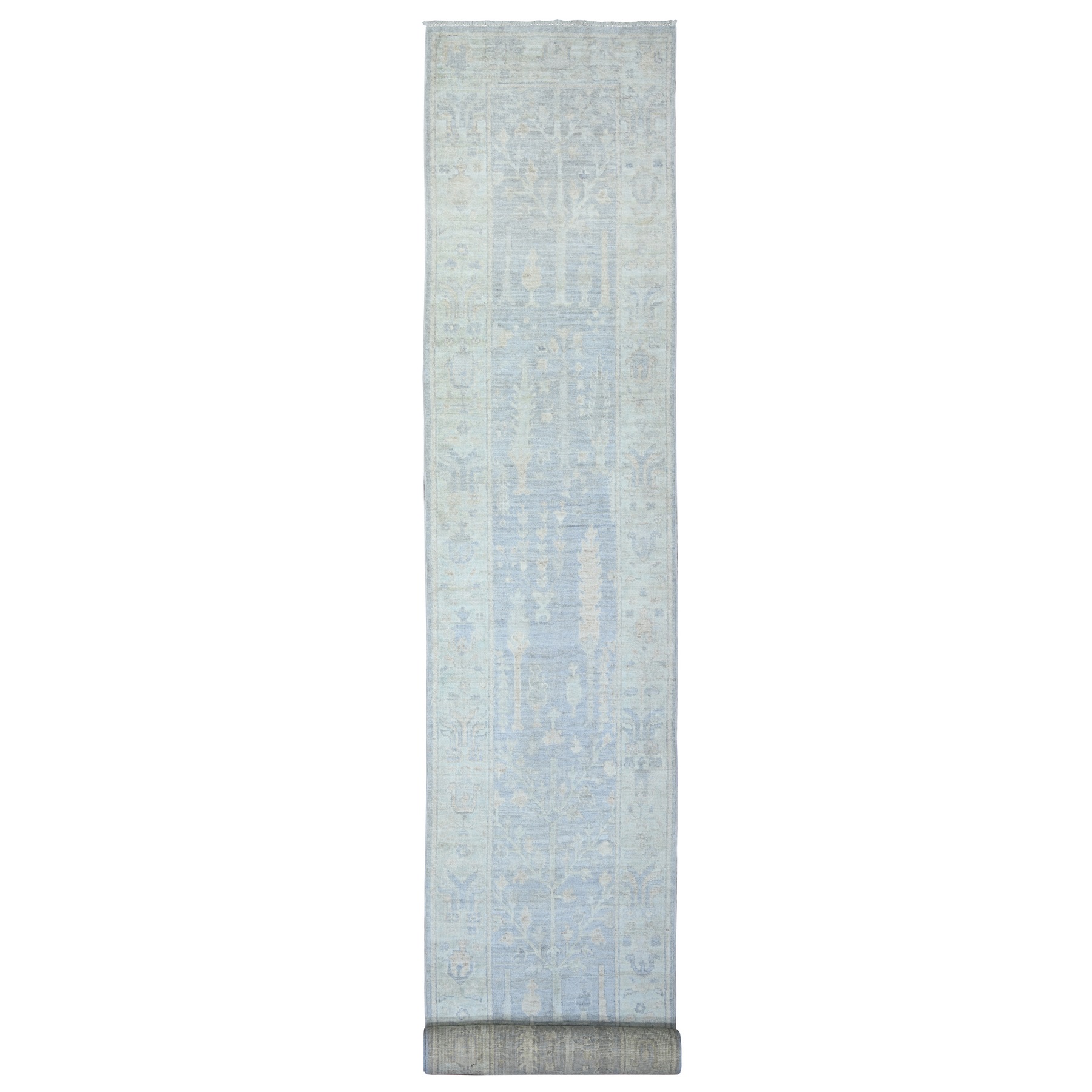 2'8"x19'2" Ash Gray, Natural Dyes, 100% Wool, Hand Knotted, Afghan Angora Oushak with Faded Colors, XL Runner Oriental Rug HR73992