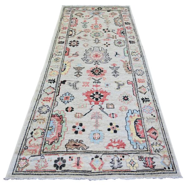 4'1"x9'6" Cloud Gray, Afghan Angora Oushak with Colorful Leaf Design, Hand Knotted, Pure Wool, Natural Dyes, Wide Runner Oriental Rug HR74073