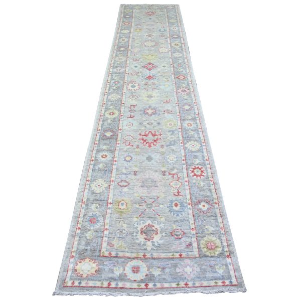 2'9"x13'7" Coin Gray, Afghan Angora Oushak with All Over Leaf Design, Hand Knotted, Natural Dyes, Pure Wool Oriental Runner Rug HR74107
