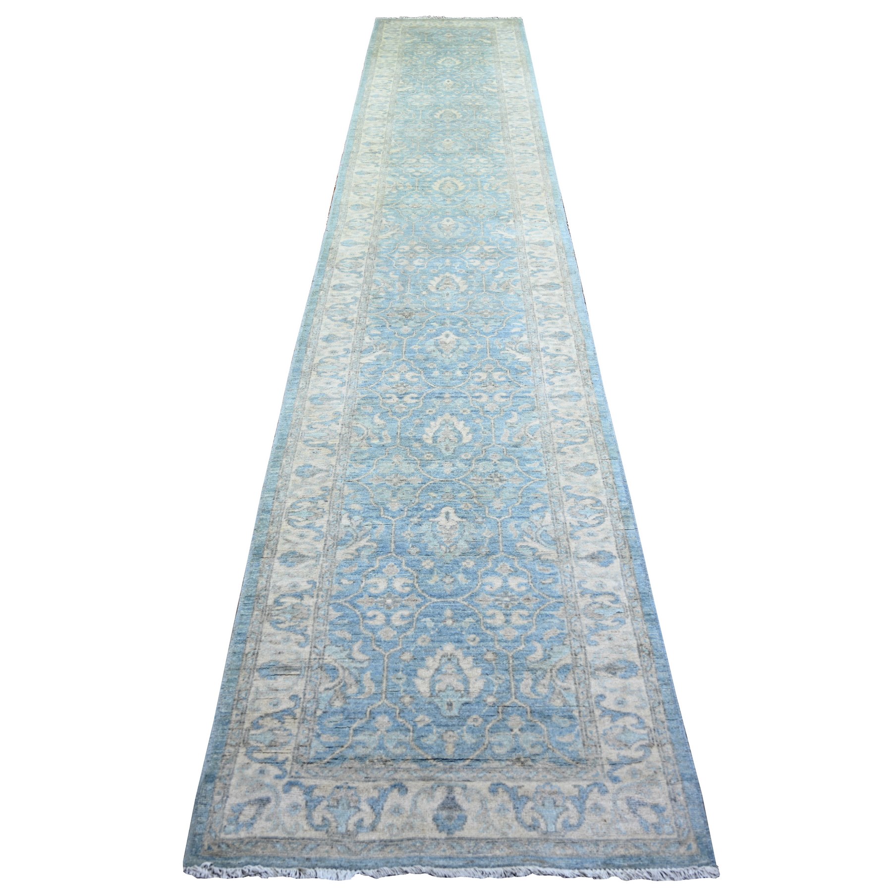 2'8"x15'2" Ruddy blue, Finer Peshawar with All Over Design, Natural Dyes, Pure Wool, Hand Knotted, XL Runner Oriental Rug HR74133