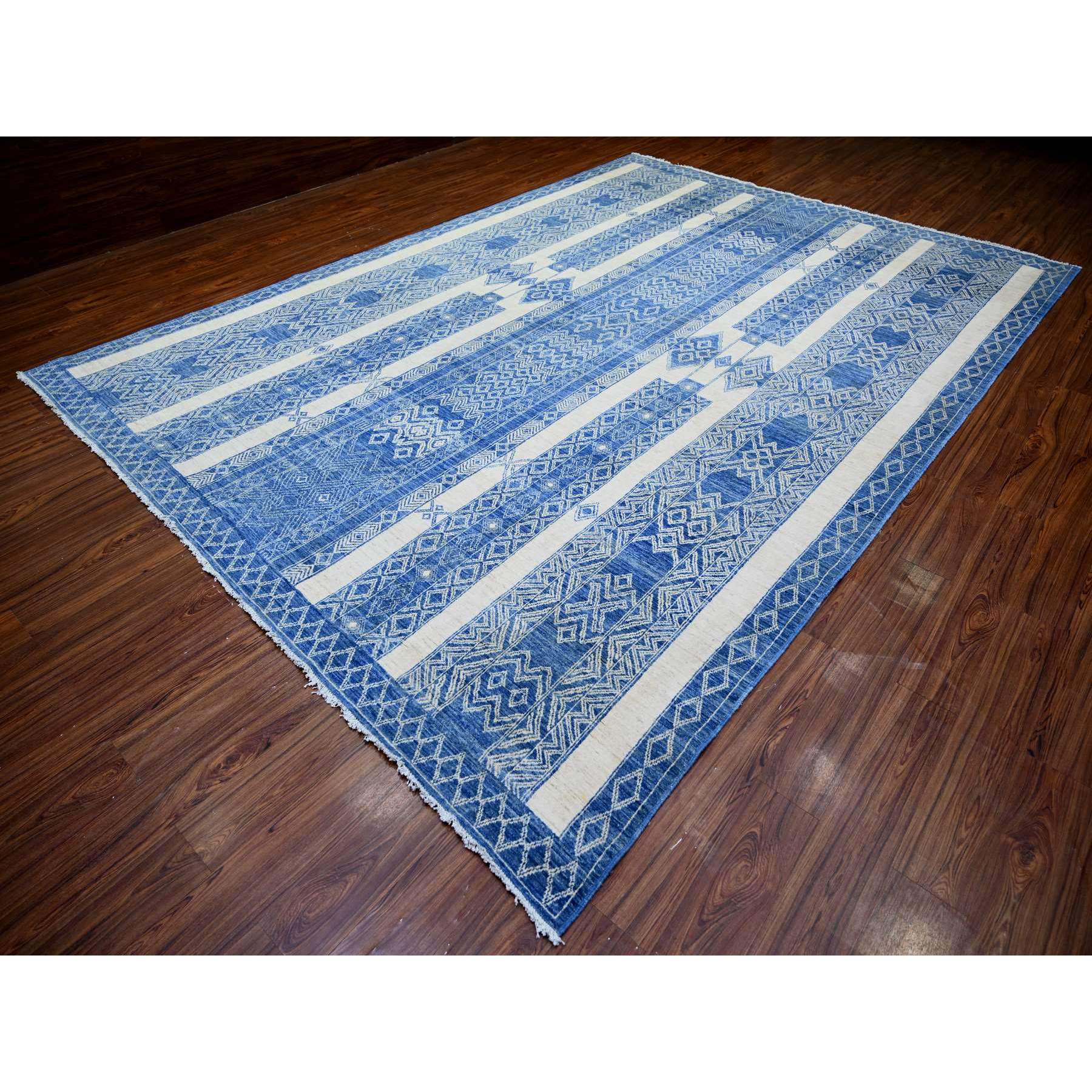 9'8"x13'5" Steel Blue, Pure Wool Hand Knotted, Natural Dyes Finer Peshawar with Intricate Geometric Motifs, Oriental Rug HR74181 - Image 3