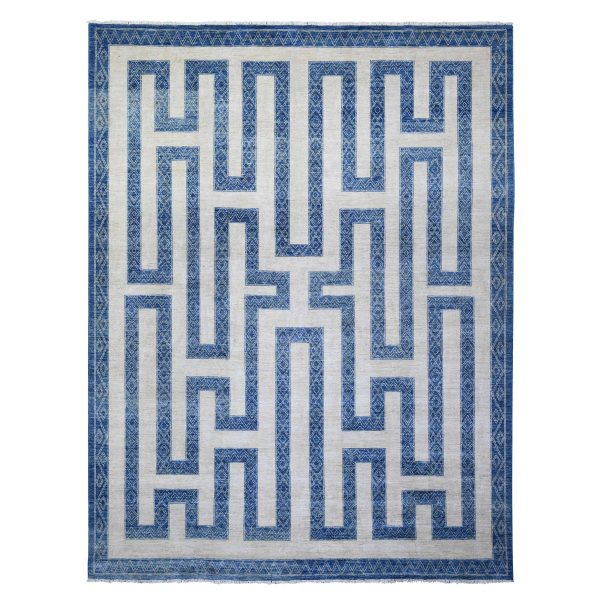 9'1"x11'8" Denim Blue, Pure Wool Hand Knotted, Finer Peshawar with Intricate Geometric Motifs Maze Design Natural Dyes, Oriental Rug HR74185