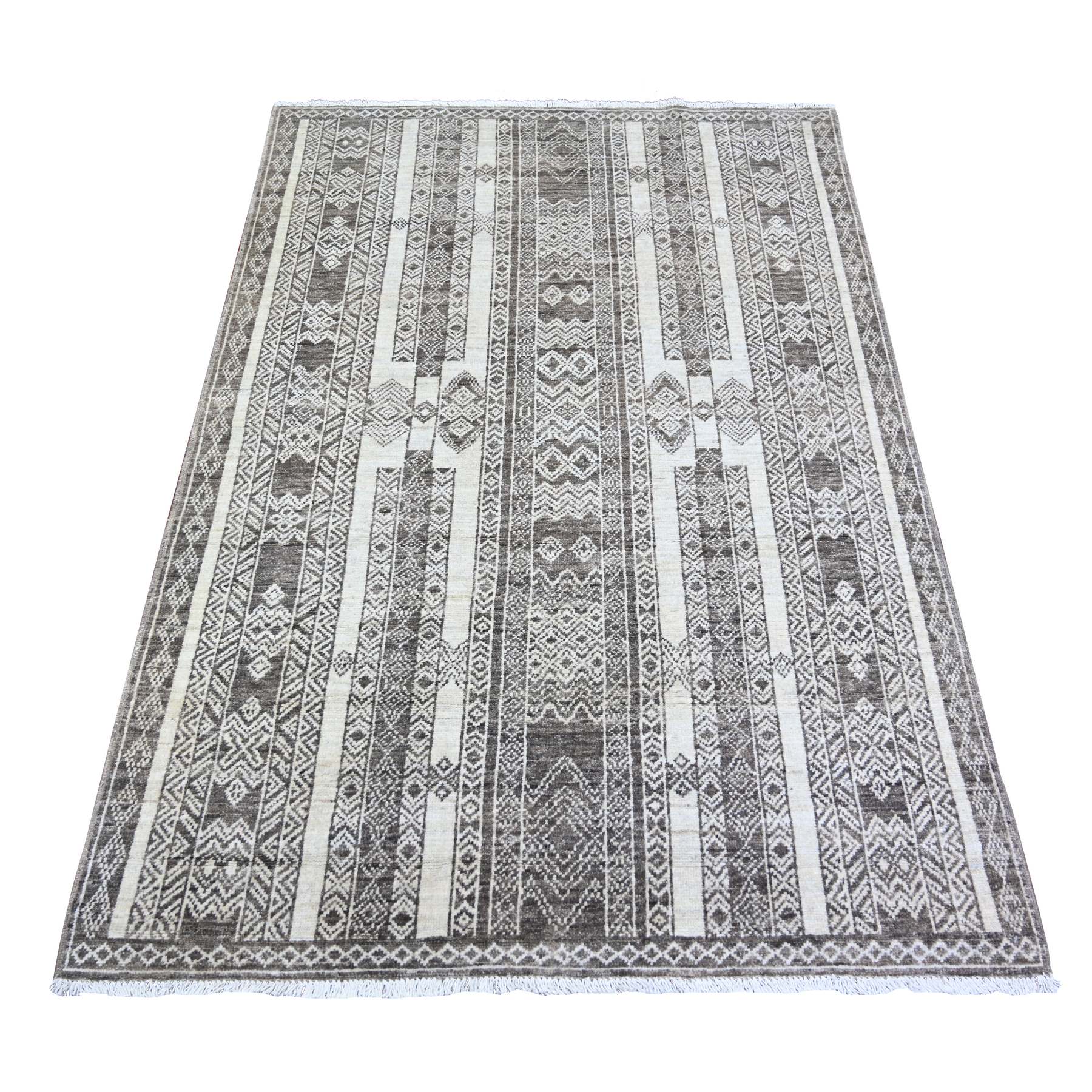 4'x5'9" Taupe Brown, Natural Dyes Finer Peshawar with Intricate Geometric Motifs, Extra Soft Wool Hand Knotted, Oriental Rug HR74187