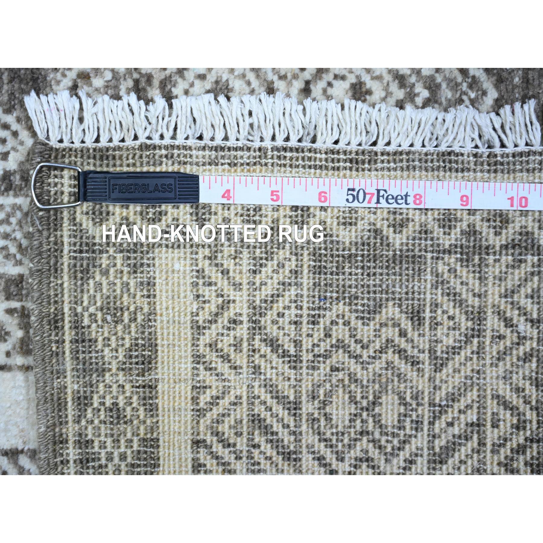 4'x5'9" Taupe Brown, Natural Dyes Finer Peshawar with Intricate Geometric Motifs, Extra Soft Wool Hand Knotted, Oriental Rug HR74187 - Image 6