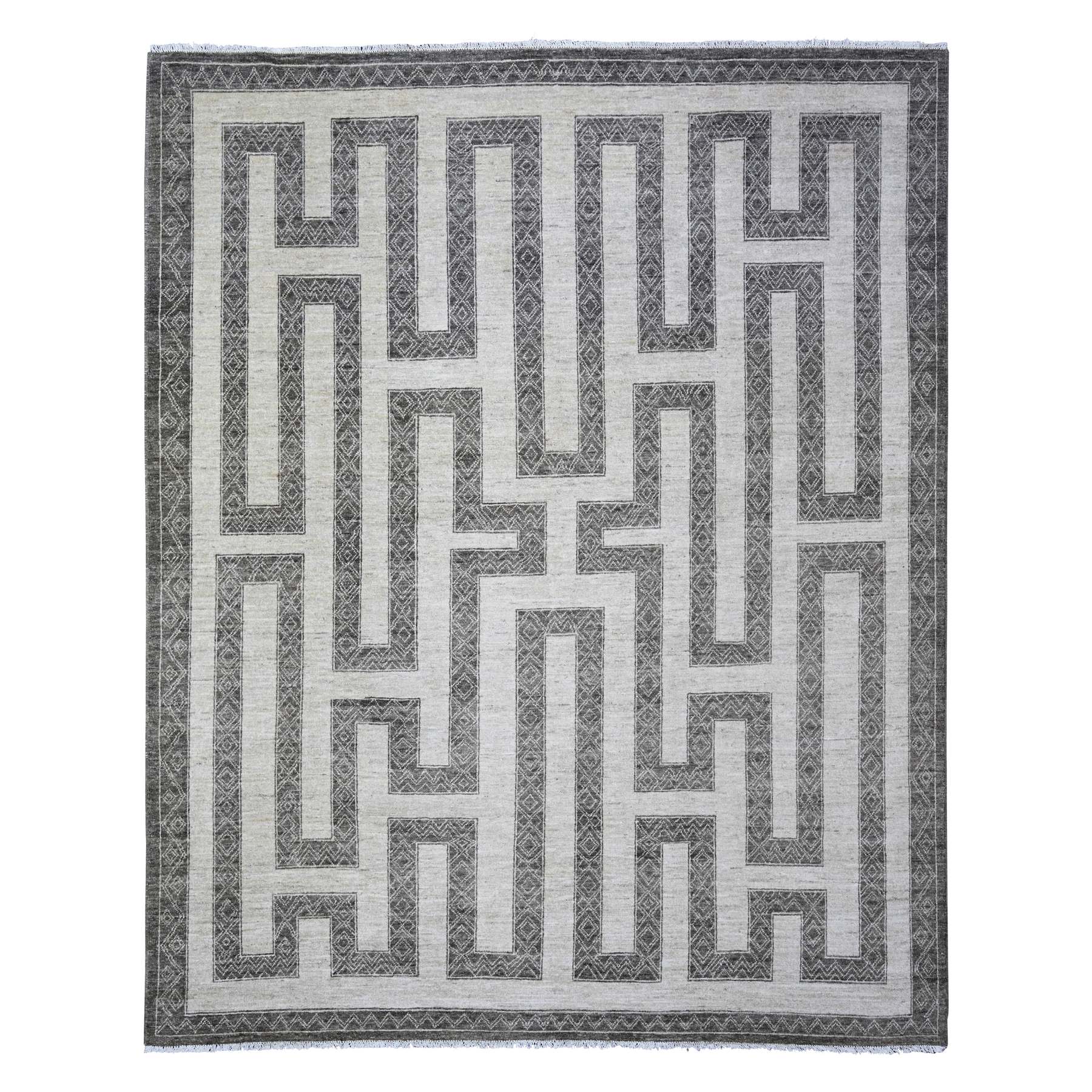 8'1"x9'9" Taupe Brown, Finer Peshawar with Intricate Geometric Motifs Maze Design Natural Dyes, 100% Wool Hand Knotted, Oriental Rug HR74188