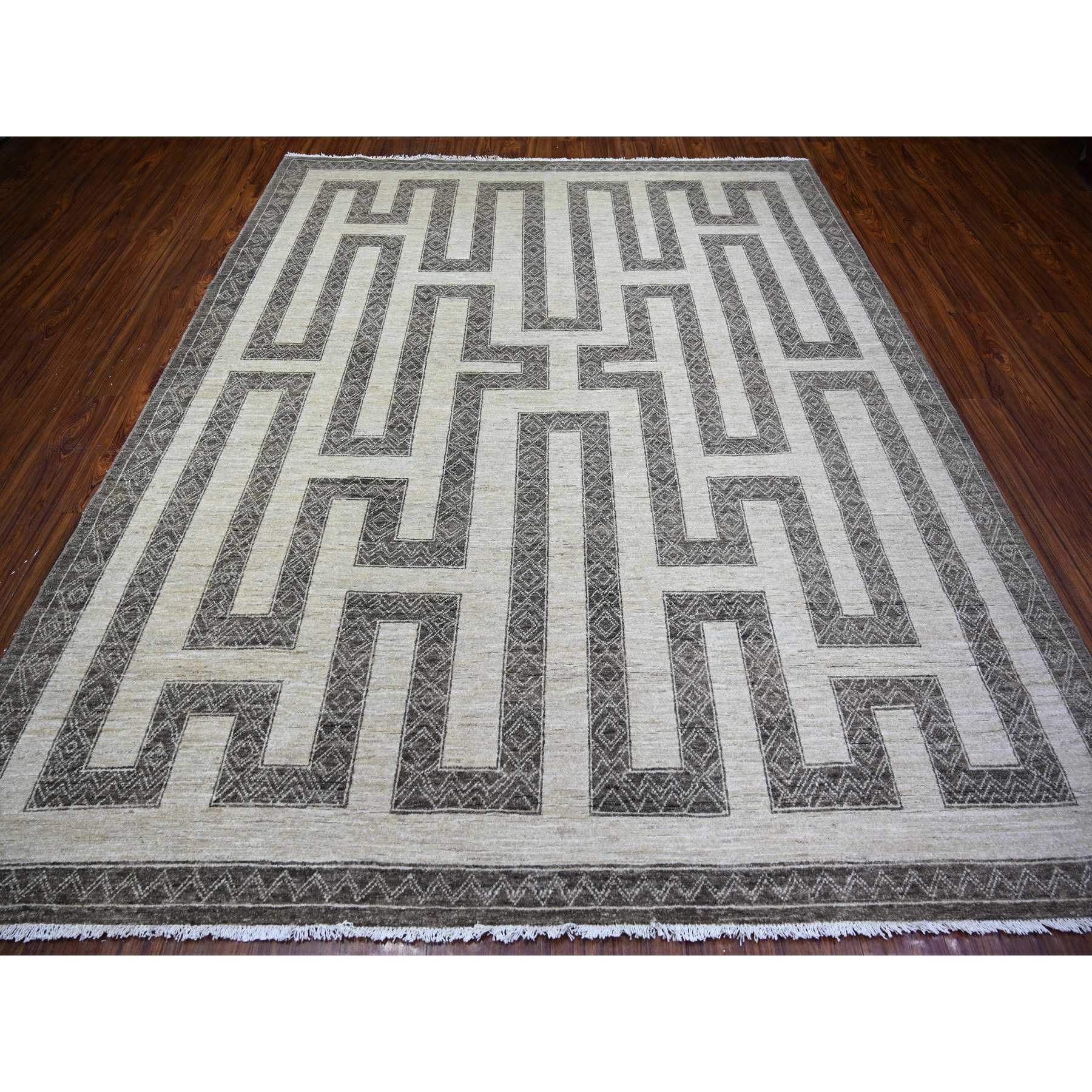 8'1"x9'9" Taupe Brown, Finer Peshawar with Intricate Geometric Motifs Maze Design Natural Dyes, 100% Wool Hand Knotted, Oriental Rug HR74188 - Image 3