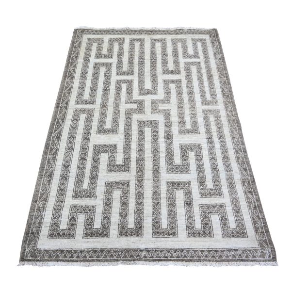 4'x5'8" Taupe Brown, Hand Knotted 100% Wool, Fine Peshawar with Intricate Geometric Motifs Maze Design Natural Dyes, Oriental Rug HR74191