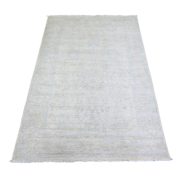 4'x5'9" White Wash Peshawar with Faded Design, Natural Dyes, Pure Wool, Hand Knotted, Oriental Rug HR74205