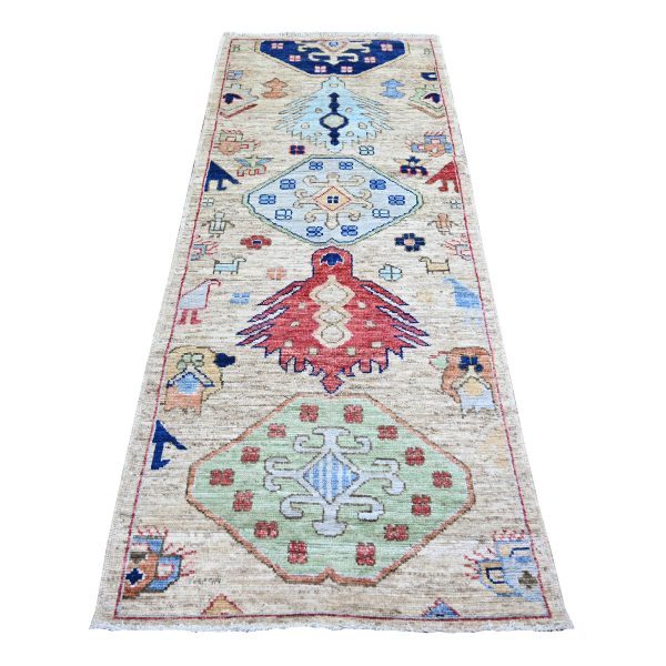3'1"x7'9" Tan Color, Anatolian Village Inspired with Large Design Elements and Bird Figurines Pure Wool Hand Knotted Oriental Runner Rug HR74221