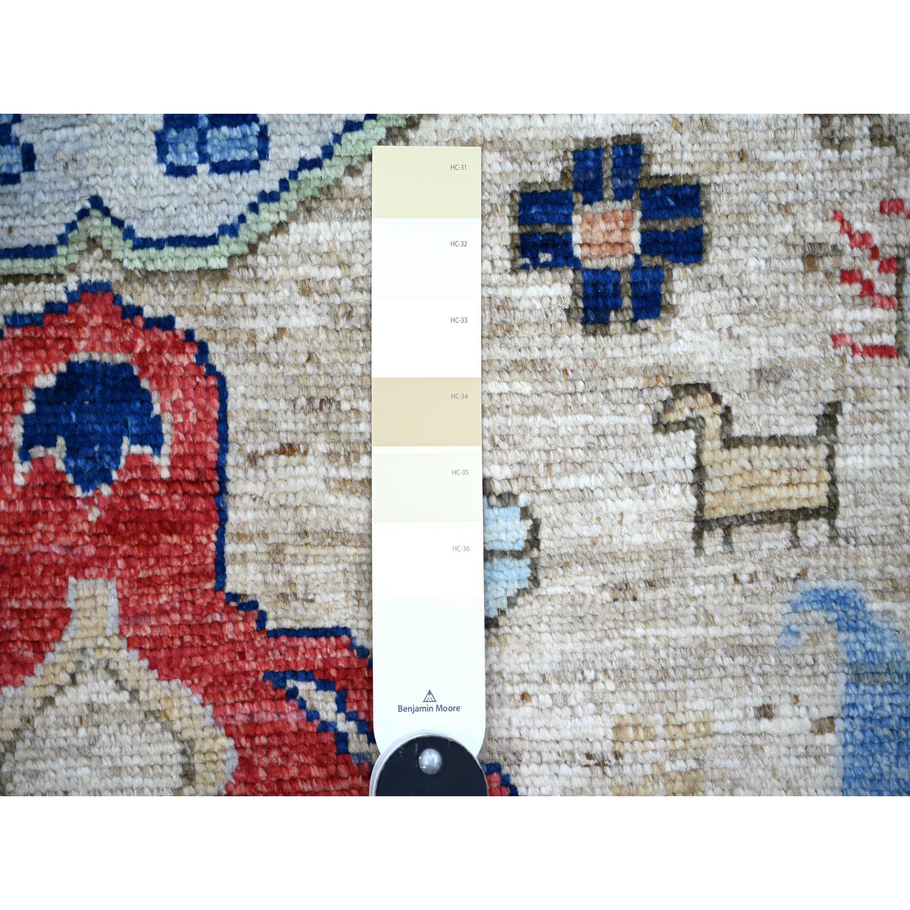 3'1"x7'9" Tan Color, Anatolian Village Inspired with Large Design Elements and Bird Figurines Pure Wool Hand Knotted Oriental Runner Rug HR74221 - Image 3
