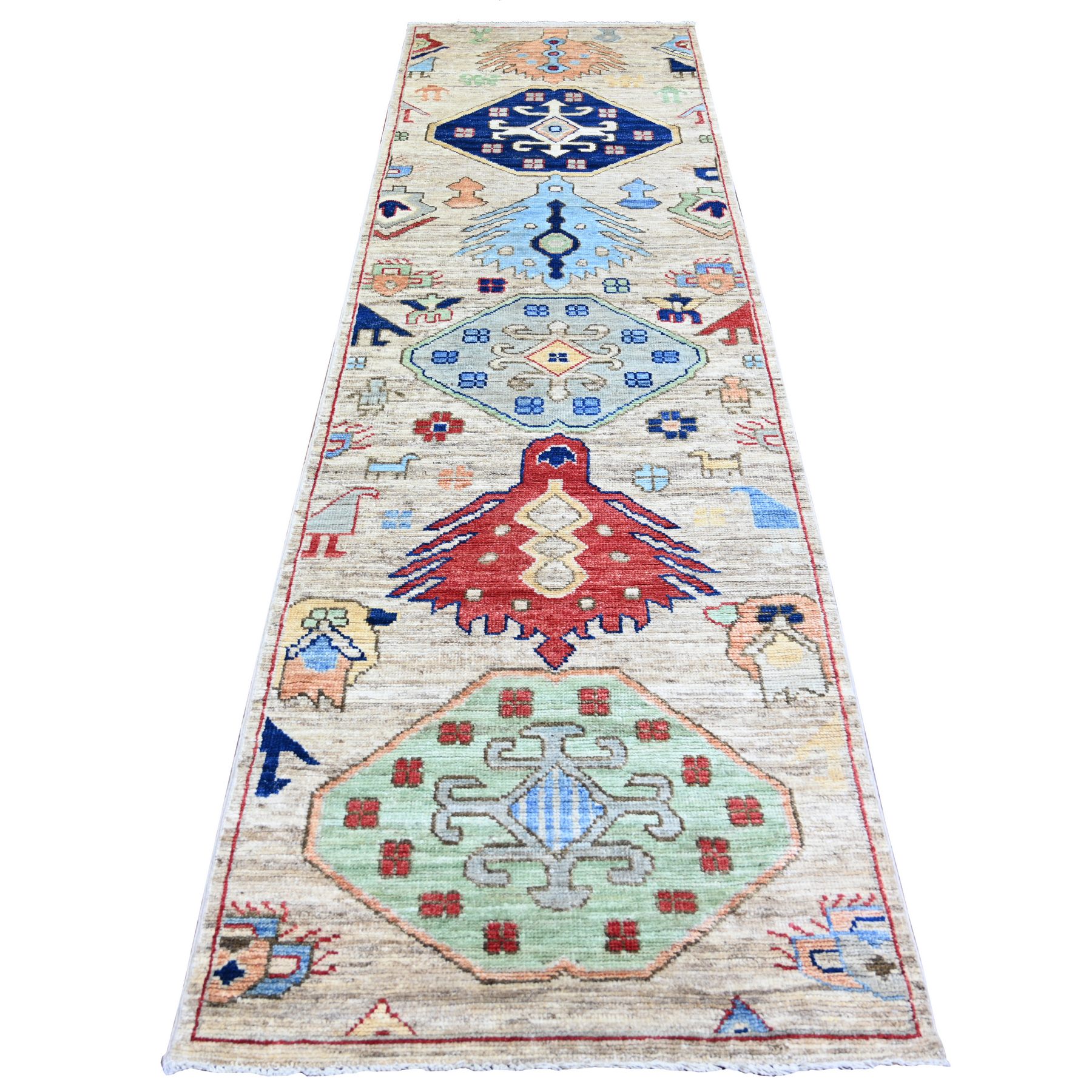 3'x10' Tan Color, Anatolian Village Inspired with Large Design Elements and Bird Figurines Pure Wool Hand Knotted Oriental Runner Rug HR74224