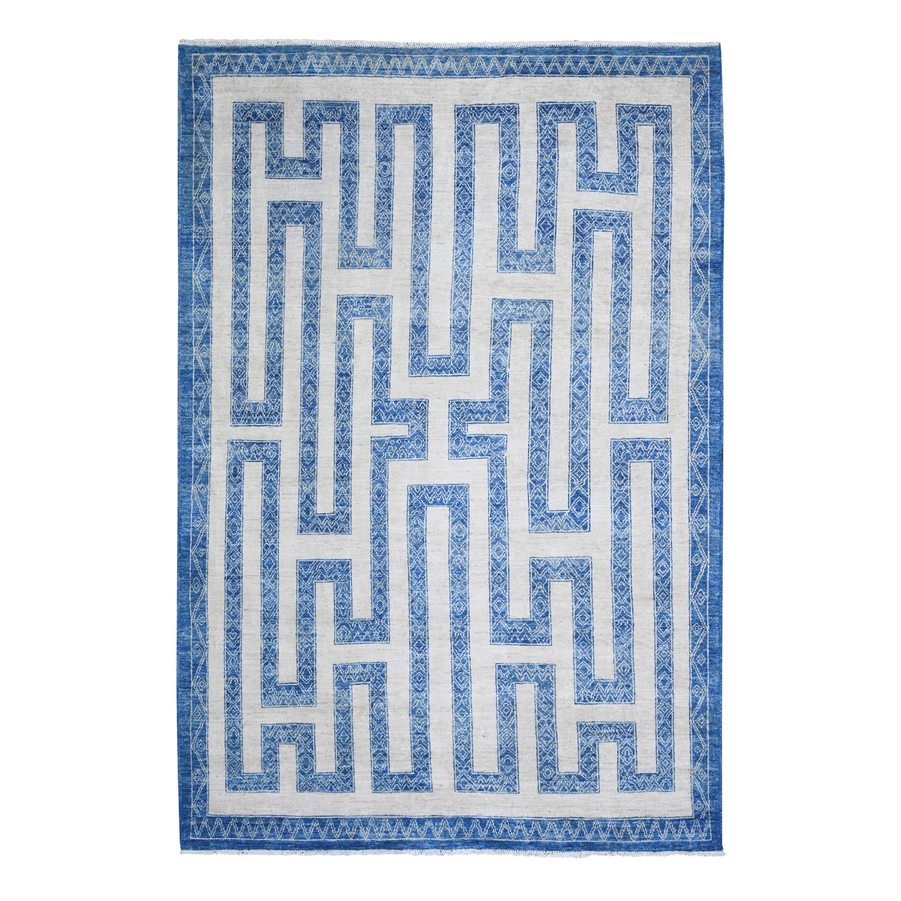 6'x8'7" Denim Blue, Pure Wool Hand Knotted, Finer Peshawar with Intricate Geometric Motifs Maze Design Natural Dyes, Oriental Rug HR74261