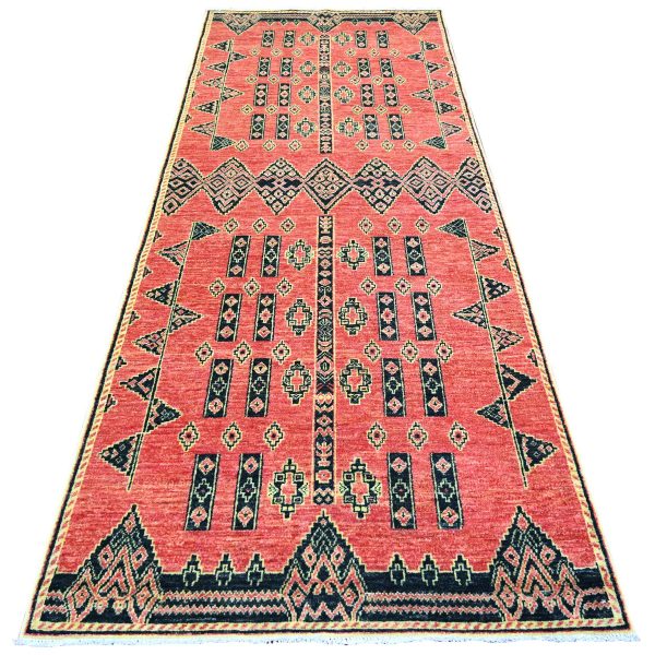 4'x9'10" Crimson Red, Fine Peshawar with Intricate Geometric Motifs Vegetable Dyes, Soft Wool Hand Knotted, Wide Runner Oriental Rug HR74262