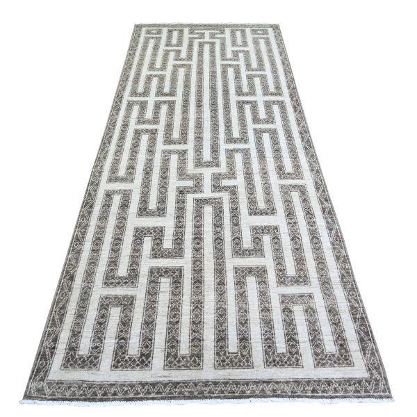 3'10"x9'7" Taupe Brown, Hand Knotted Extra Soft Wool, Natural Dyes Fine Peshawar with Intricate Geometric Motifs Maze Design, Wide Runner Oriental Rug HR74263