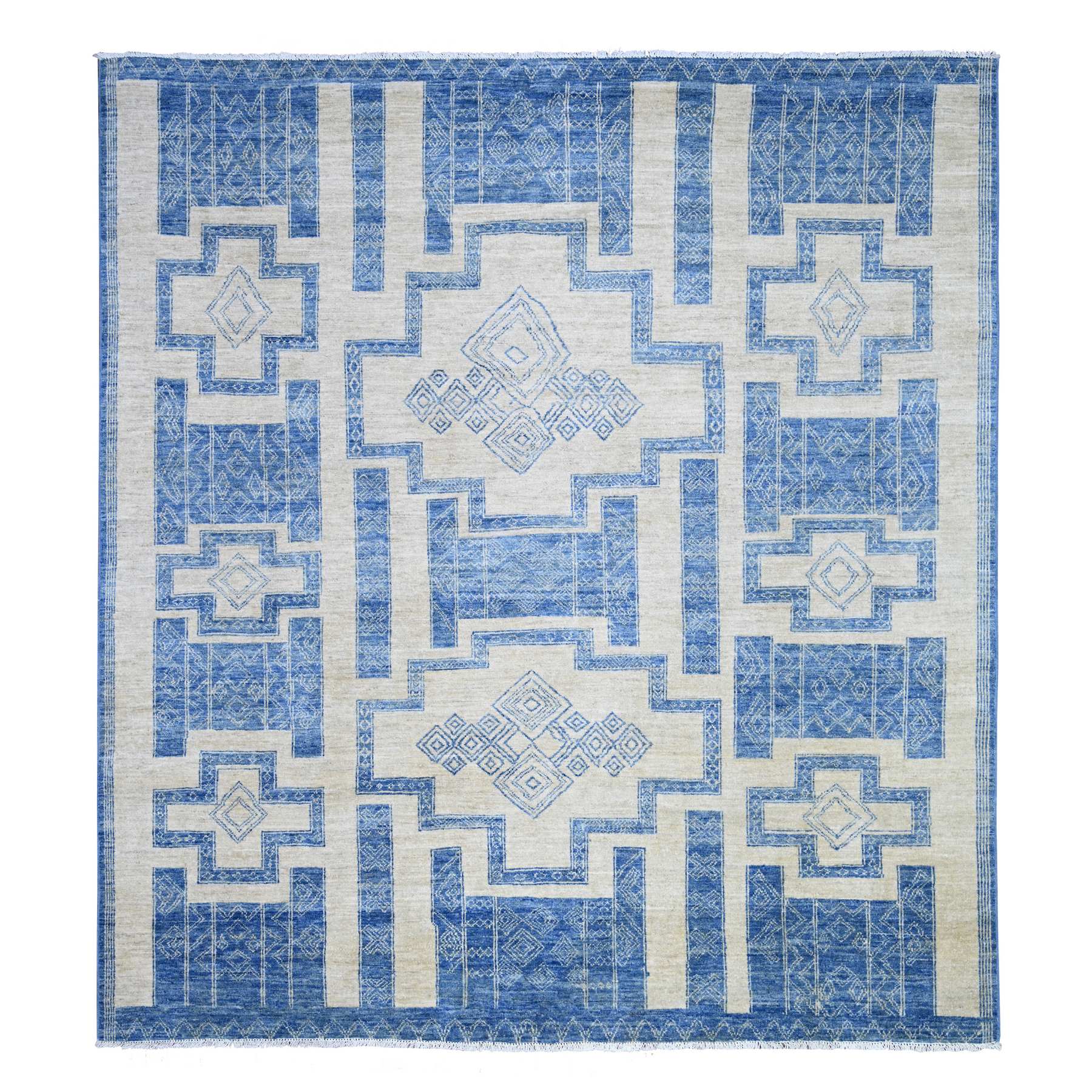 8'x9' Denim Blue, Fine Peshawar with Intricate Geometric Motifs Vegetable Dyes, 100 % Wool Hand Knotted, Squarish Oriental Rug HR74277
