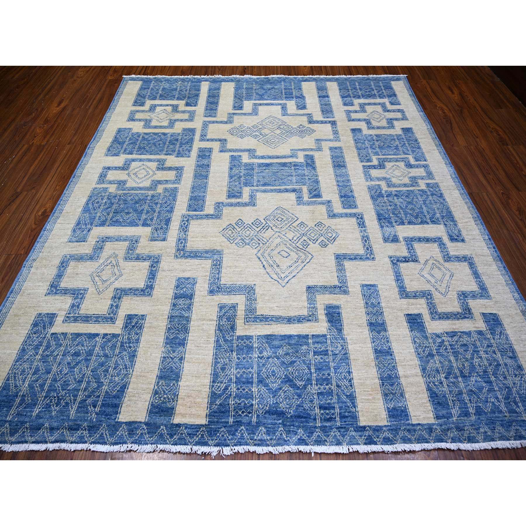 8'x9' Denim Blue, Fine Peshawar with Intricate Geometric Motifs Vegetable Dyes, 100 % Wool Hand Knotted, Squarish Oriental Rug HR74277 - Image 2