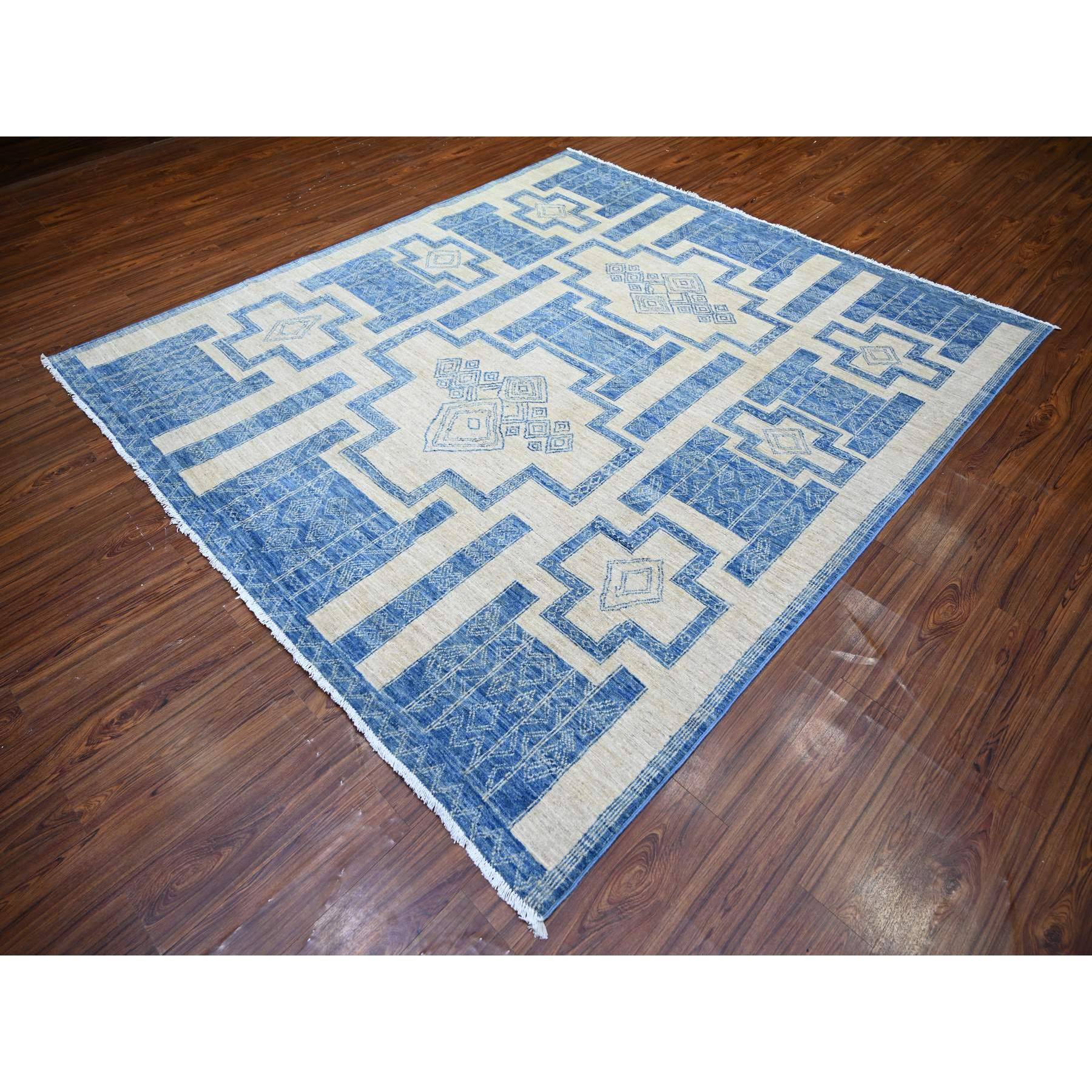 8'x9' Denim Blue, Fine Peshawar with Intricate Geometric Motifs Vegetable Dyes, 100 % Wool Hand Knotted, Squarish Oriental Rug HR74277 - Image 3