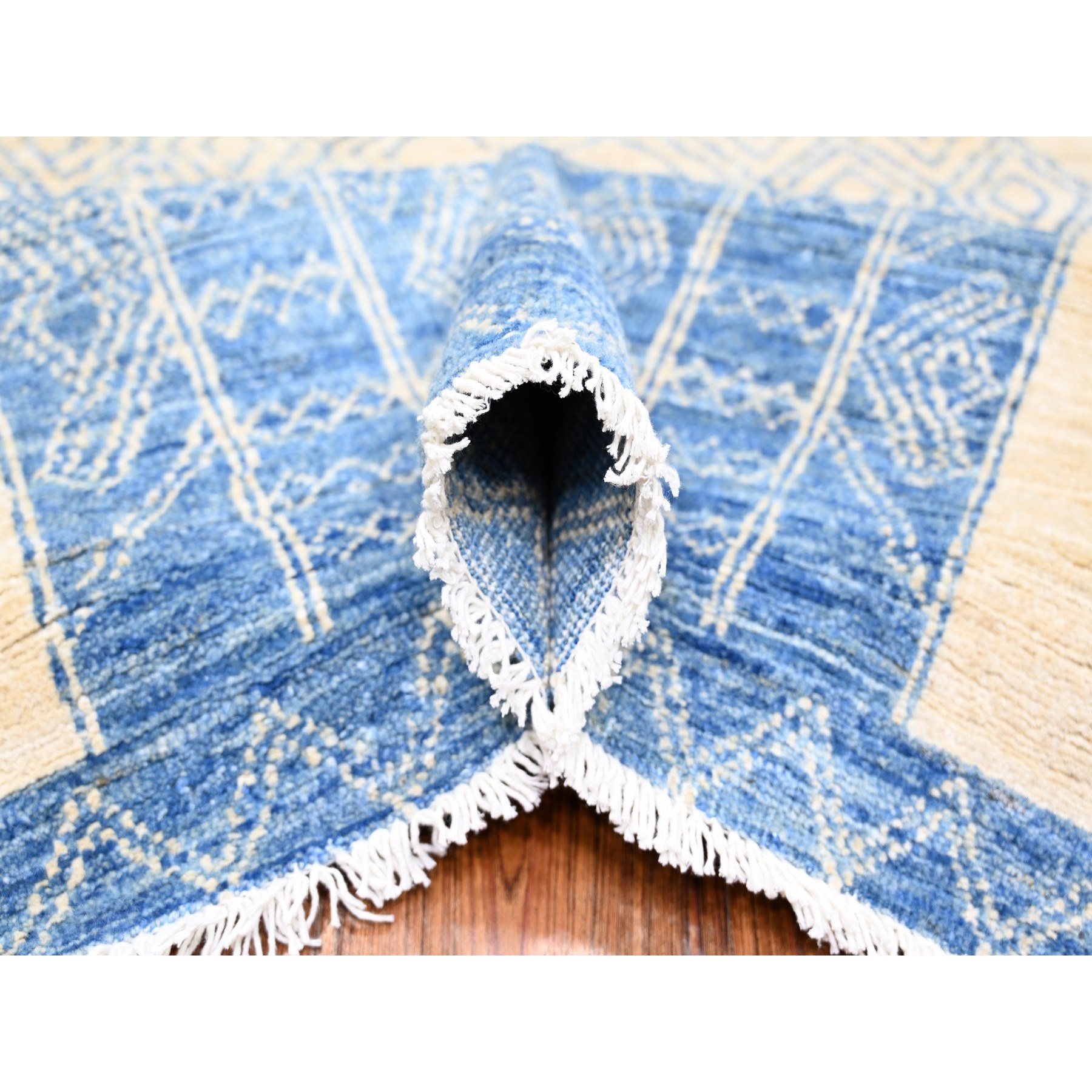 8'x9' Denim Blue, Fine Peshawar with Intricate Geometric Motifs Vegetable Dyes, 100 % Wool Hand Knotted, Squarish Oriental Rug HR74277 - Image 5