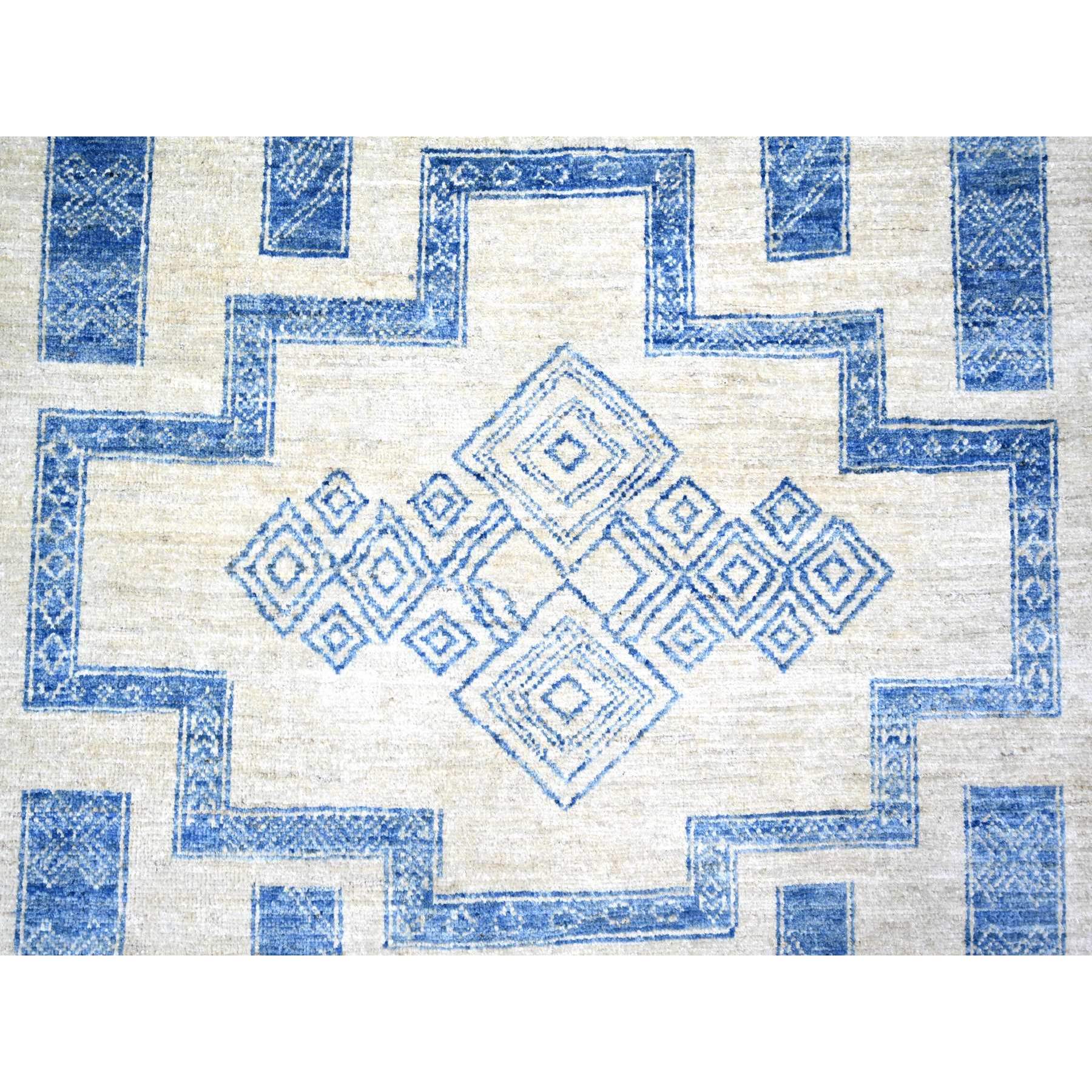8'x9' Denim Blue, Fine Peshawar with Intricate Geometric Motifs Vegetable Dyes, 100 % Wool Hand Knotted, Squarish Oriental Rug HR74277 - Image 8