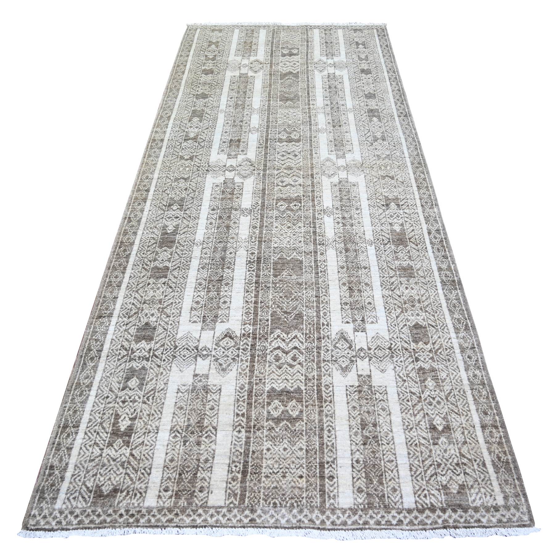 4'1"x9'8" Taupe Brown, Extra Soft Wool Hand Knotted, Natural Dyes Finer Peshawar with Intricate Geometric Motifs, Runner Oriental Rug HR74280