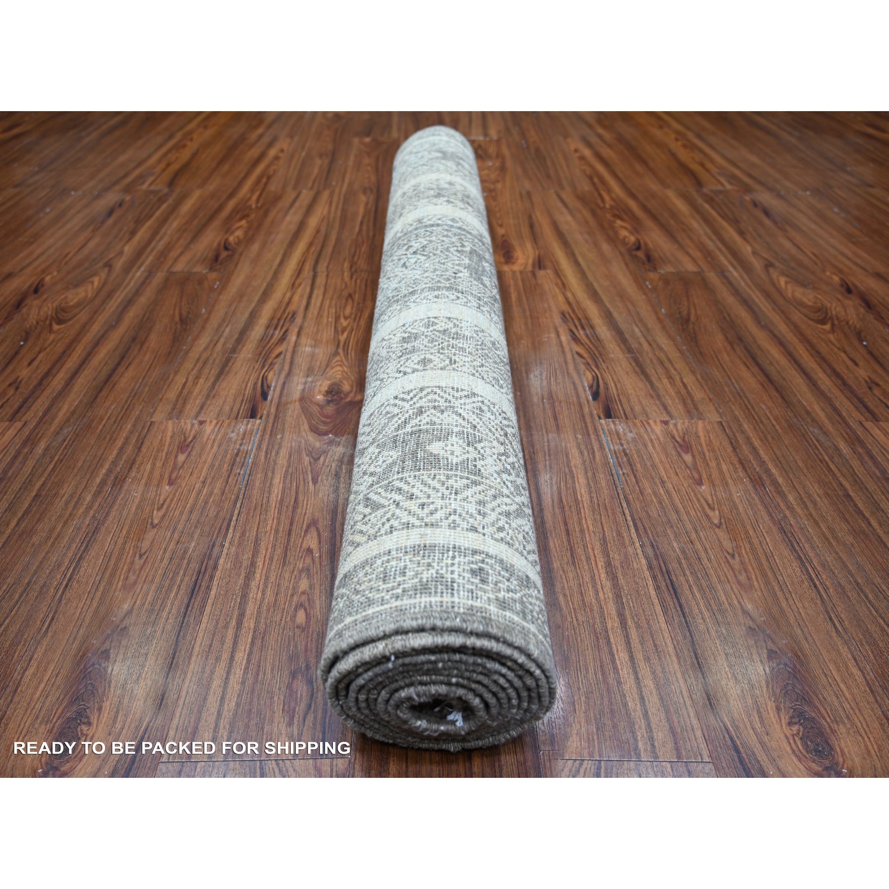 4'1"x9'8" Taupe Brown, Extra Soft Wool Hand Knotted, Natural Dyes Finer Peshawar with Intricate Geometric Motifs, Runner Oriental Rug HR74280 - Image 4