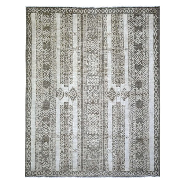 7'8"x9'6" Taupe Brown, Vegetable Dyes Fine Peshawar with Intricate Geometric Motifs, Pure Wool Hand Knotted, Oriental Rug HR74297