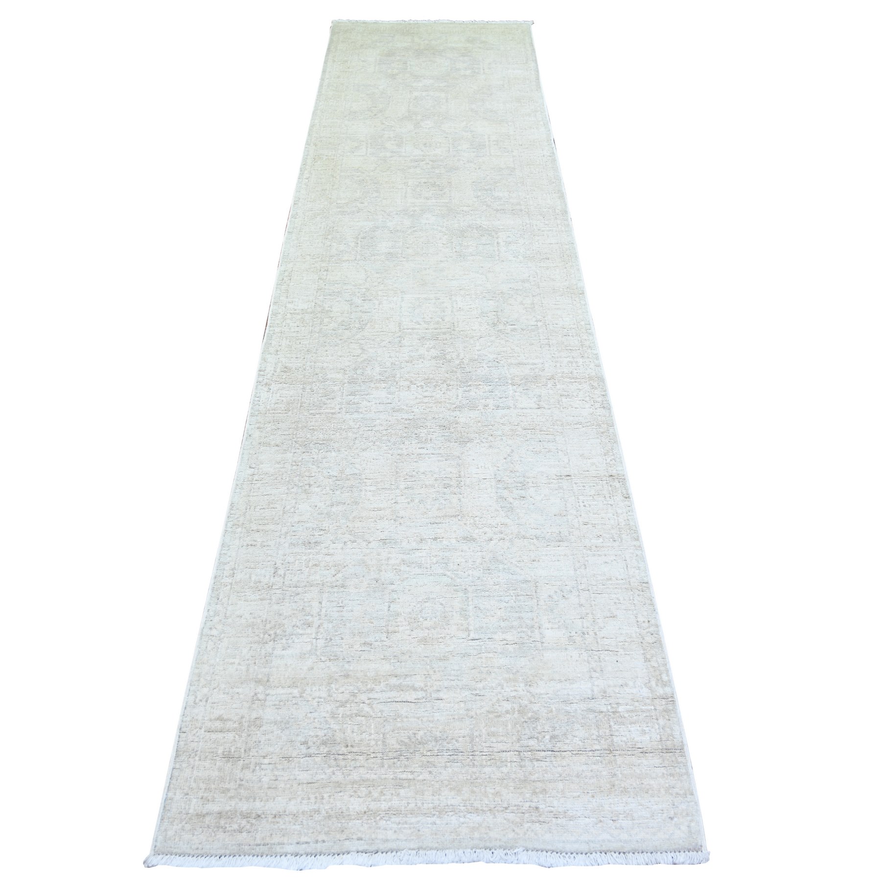 2'8"x11' White Wash Peshawar with Faded Design, Natural Dyes, Extra Soft Wool, Hand Knotted, Runner Oriental Rug HR74303
