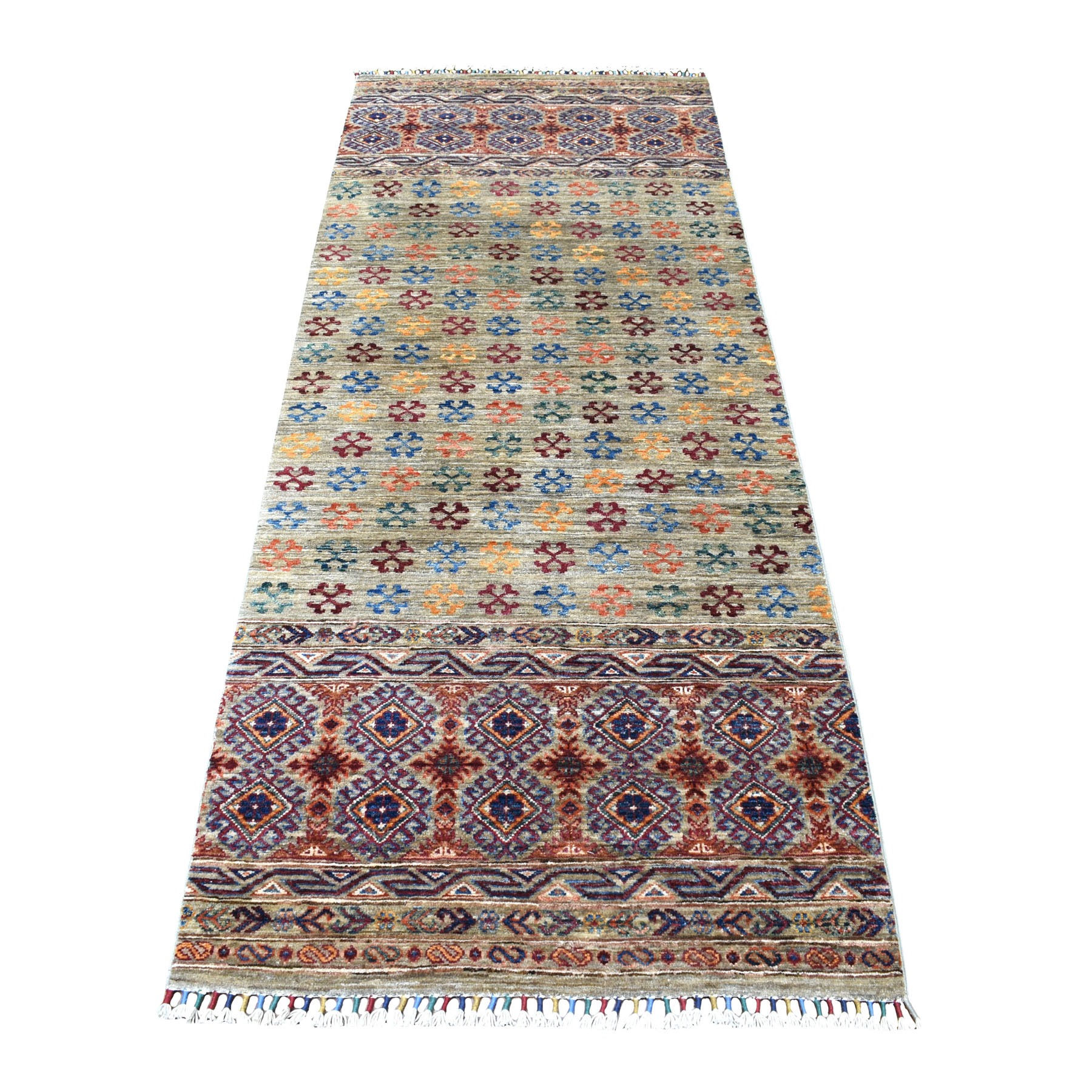 3'x7'7" Gray With Colorful Tassles Super Kazak Khorjin Design Hand Knotted Organic Wool Oriental Runner Rug HR56808