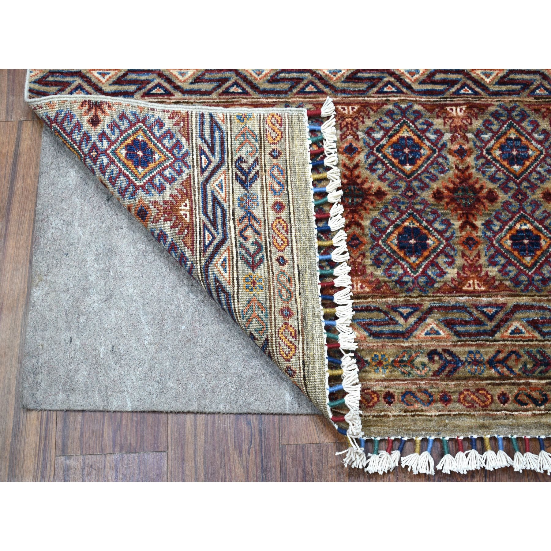 3'x7'7" Gray With Colorful Tassles Super Kazak Khorjin Design Hand Knotted Organic Wool Oriental Runner Rug HR56808 - Image 2