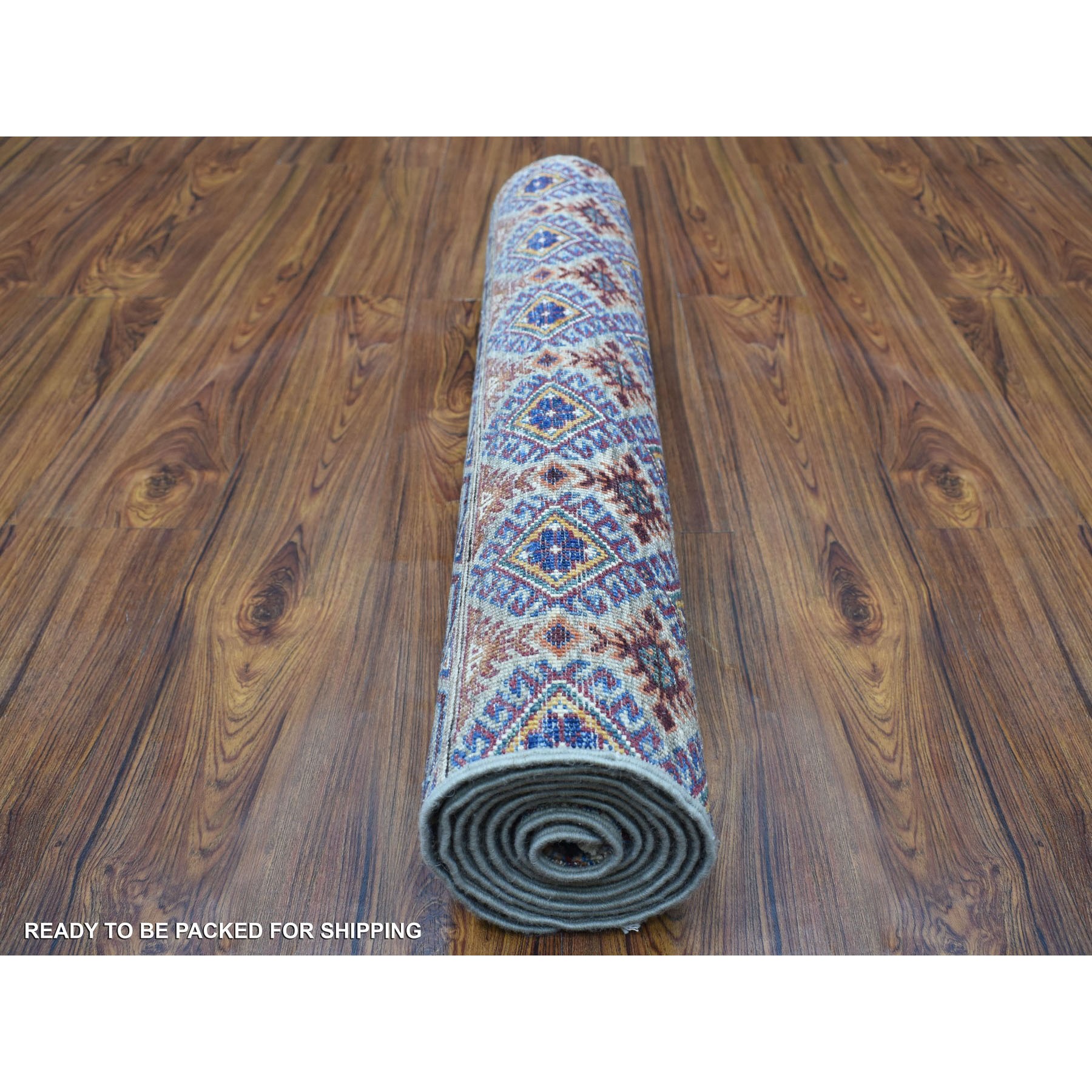 3'x7'7" Gray With Colorful Tassles Super Kazak Khorjin Design Hand Knotted Organic Wool Oriental Runner Rug HR56808 - Image 4