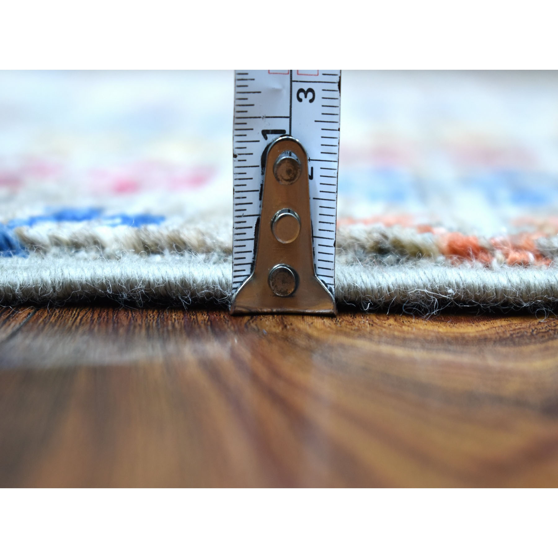 3'x7'7" Gray With Colorful Tassles Super Kazak Khorjin Design Hand Knotted Organic Wool Oriental Runner Rug HR56808 - Image 5