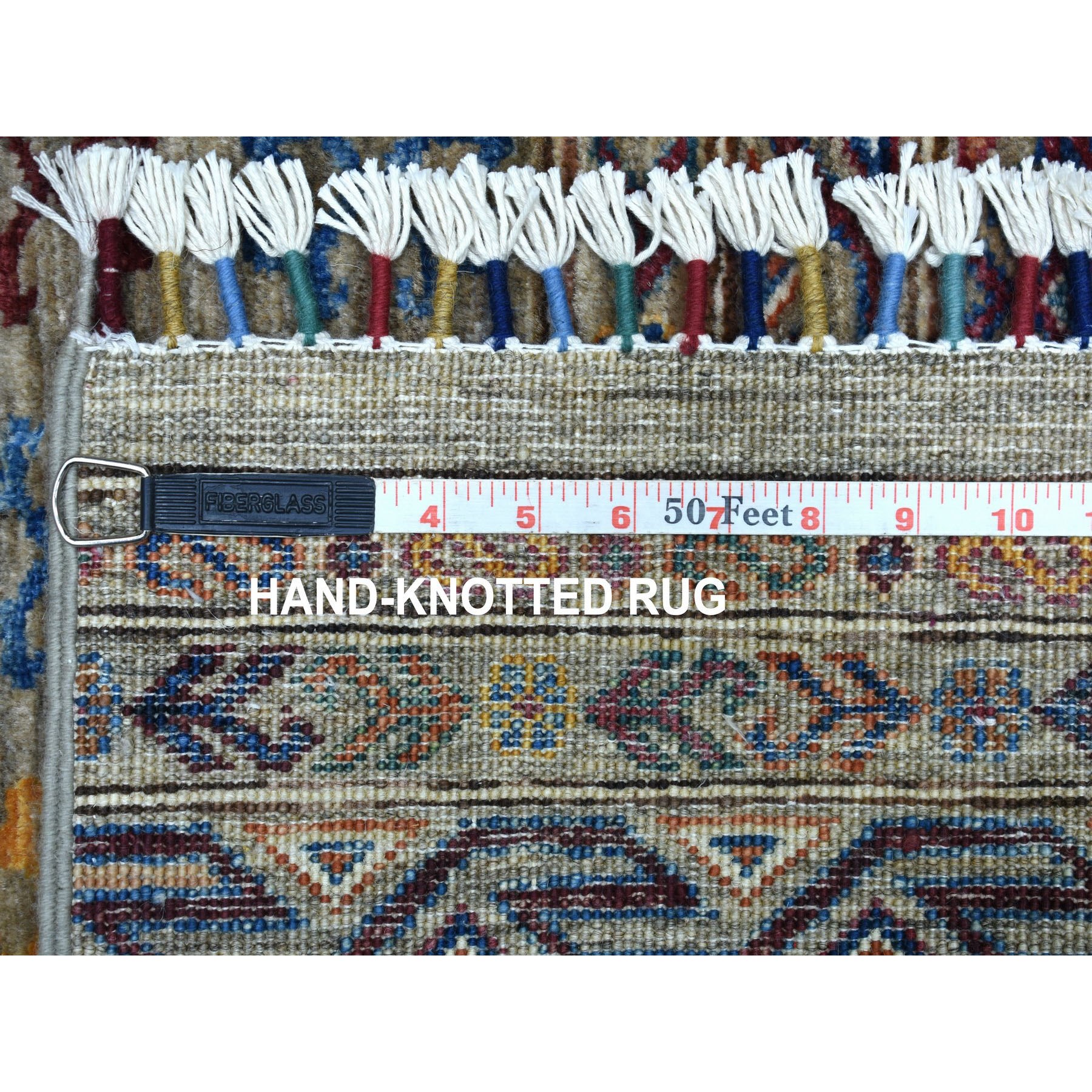 3'x7'7" Gray With Colorful Tassles Super Kazak Khorjin Design Hand Knotted Organic Wool Oriental Runner Rug HR56808 - Image 6